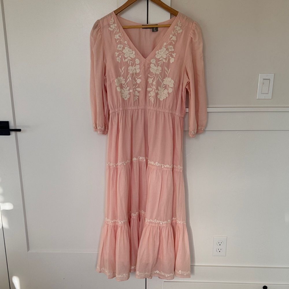 Lucky Brand Pink Cotton Floral Embroidered Midi Dress Boho Cottage-core Size L